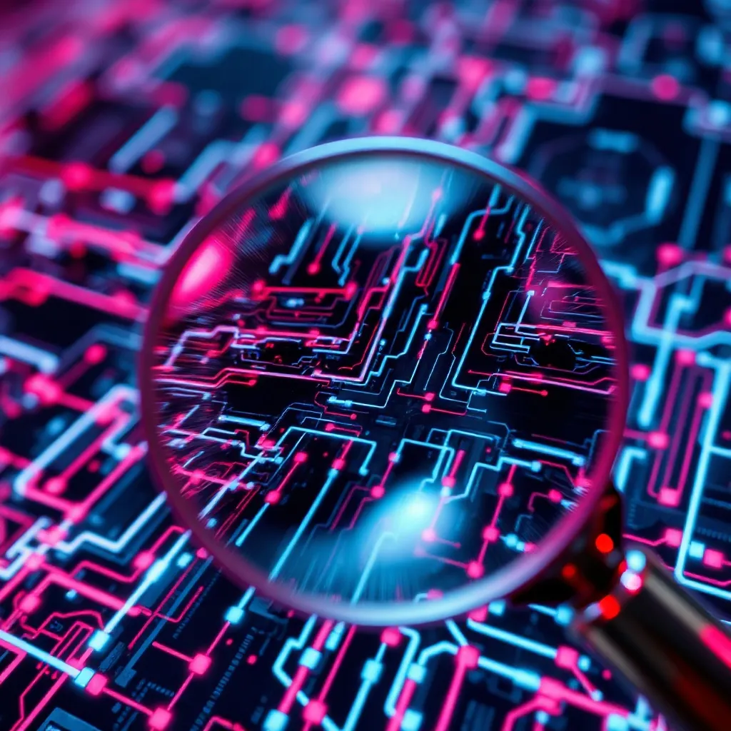 Close-up technical analysis of a digital image, glowing grid