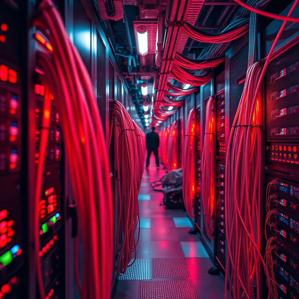 High-tech server room with glowing red and chrome silver cab