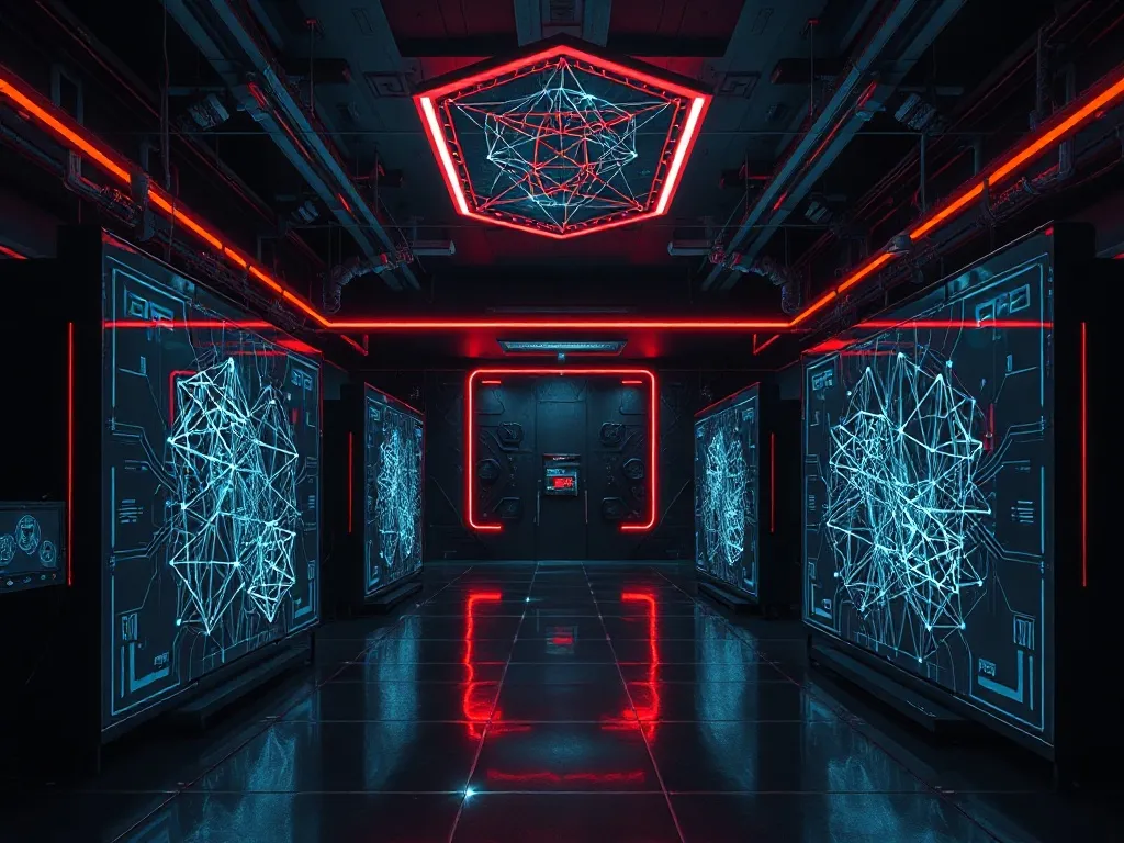 A high-tech digital laboratory with holographic screens show