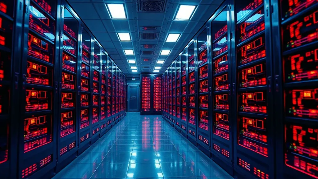 Cinematic wide shot of a futuristic data center with glowing